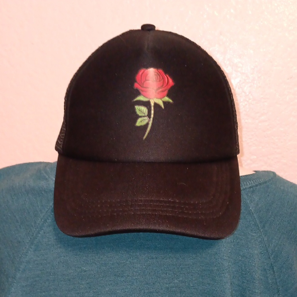 SHEIN Black Hat with Red Rose Embroidery